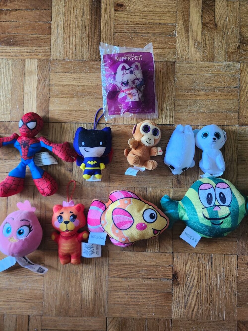 Lot of 10 Tiny Plush - Ty, Superpets, Spiderman, Batman, Angry Birds